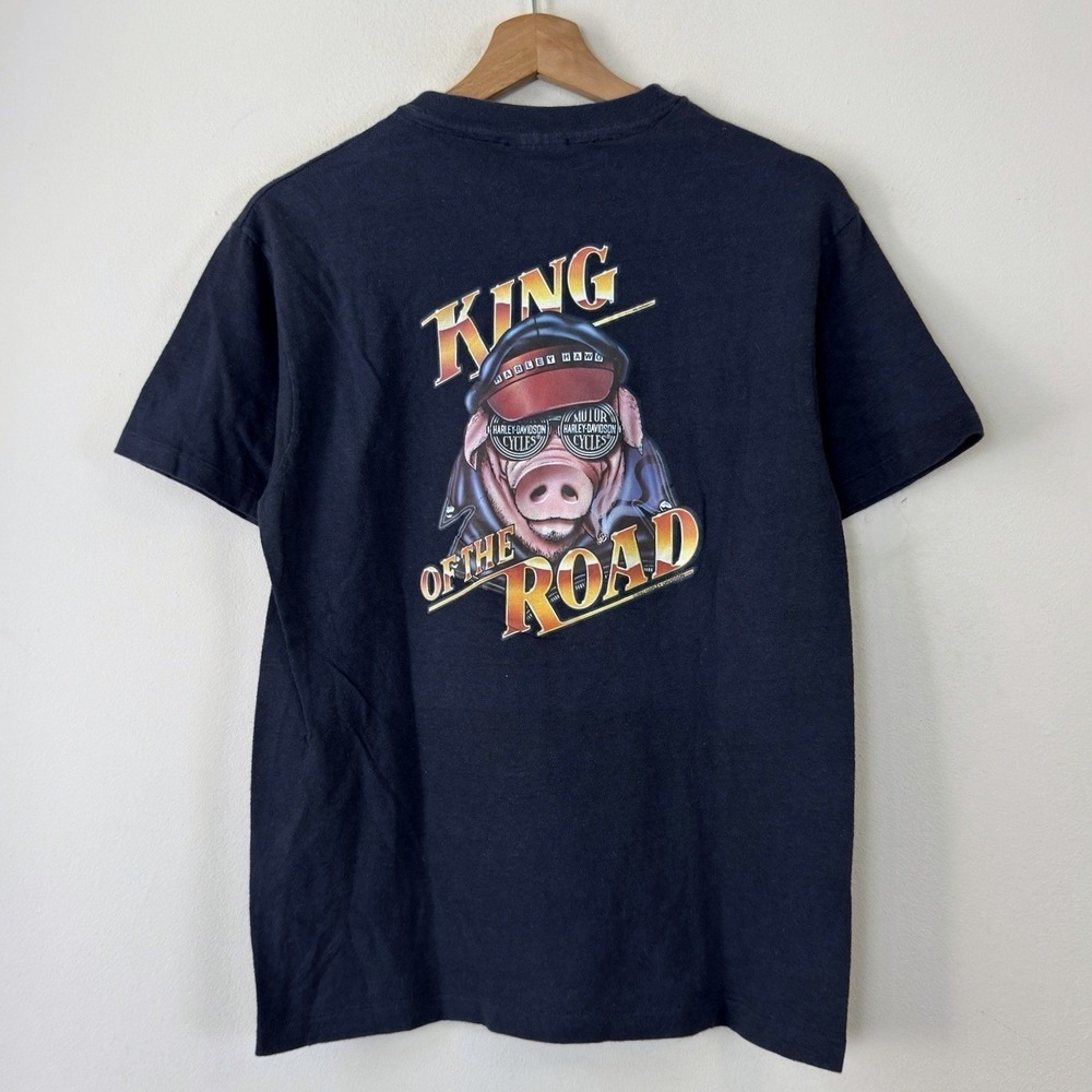 Vintage 80s Harley Davidson Motorcycle King Of The Road Hog God Black Tee Shirt